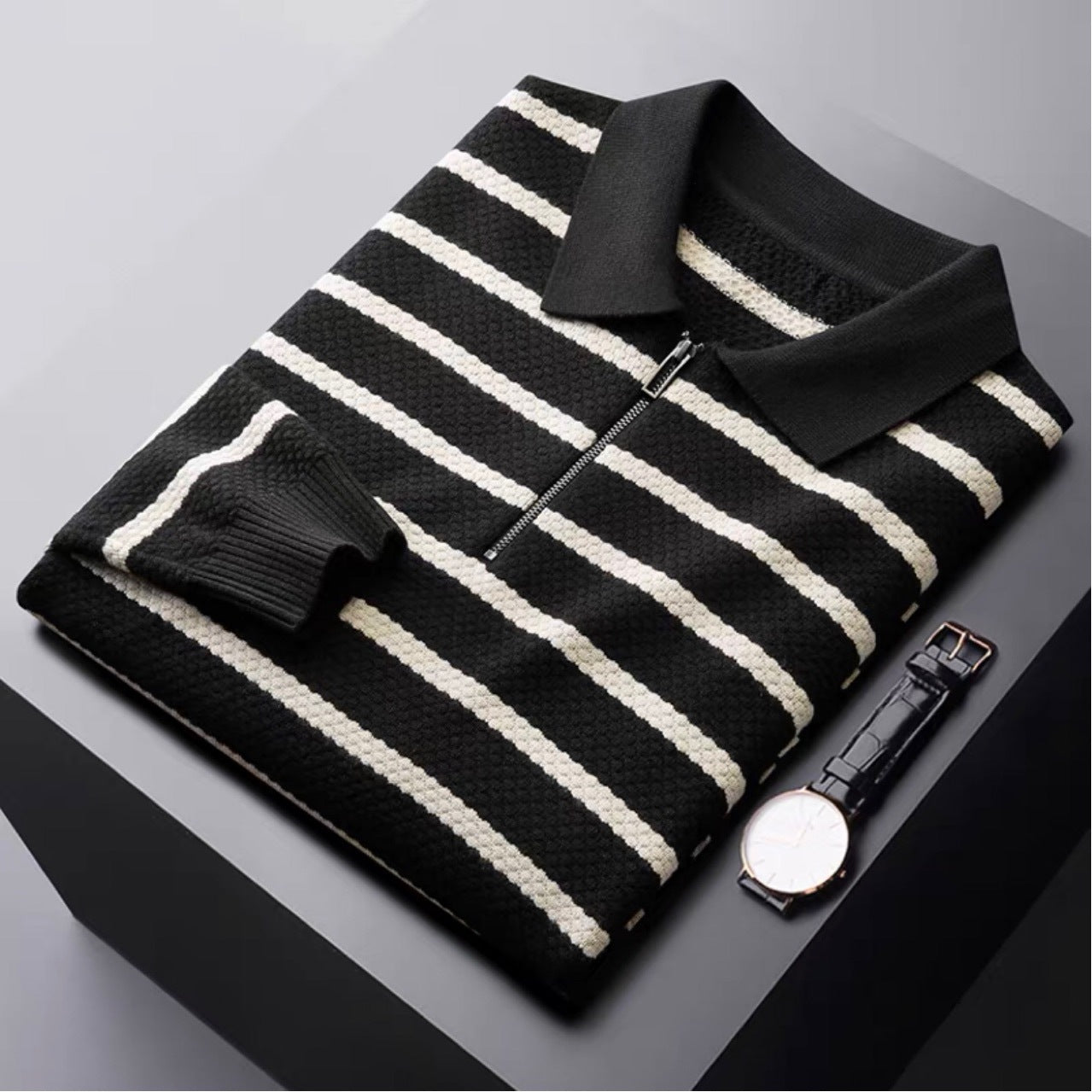 Men's Striped Polo Shirt Zip Front - Vonnera