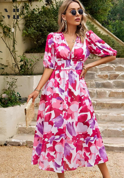 Women's V-Neck A-Line Midi Dress