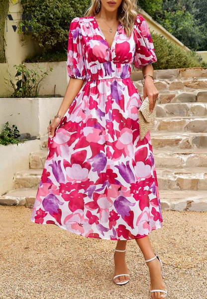 Women's V-Neck A-Line Midi Dress