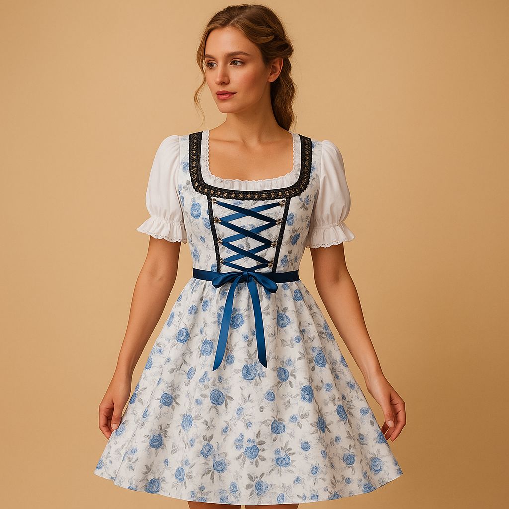 Traditional dirndl dress for women with lace details and matching apron, ideal for Oktoberfest, themed parties, and cultural celebrations.