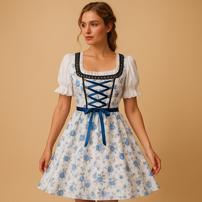 Traditional dirndl dress for women with lace details and matching apron, ideal for Oktoberfest, themed parties, and cultural celebrations.