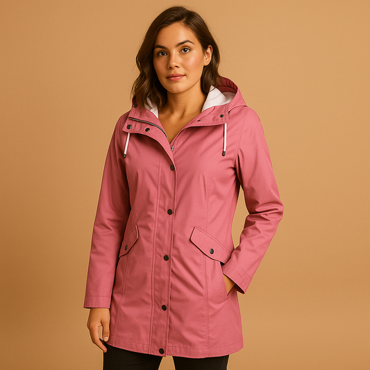 Transparent raincoat for women with hood and button closure, lightweight and breathable, available in multiple colors for all-season wear.
