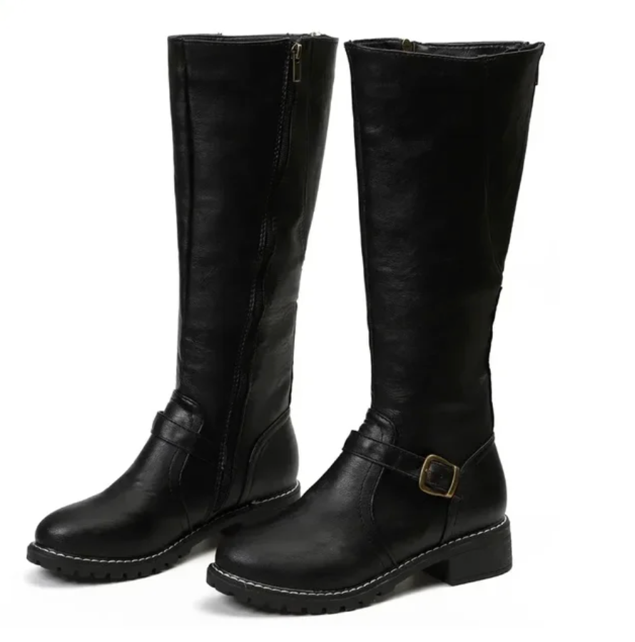 Women's Knee High Boots Buckle Strap Low Block Heel