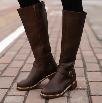 Women's Knee High Boots Buckle Strap Low Block Heel