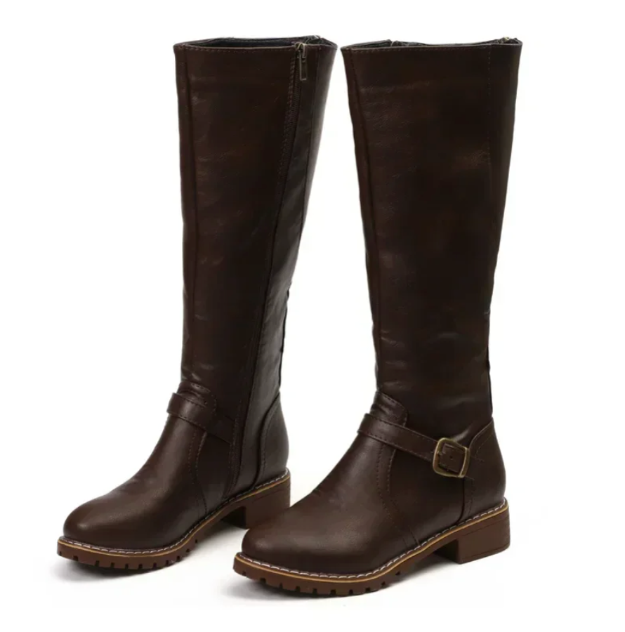 Women's Knee High Boots Buckle Strap Low Block Heel