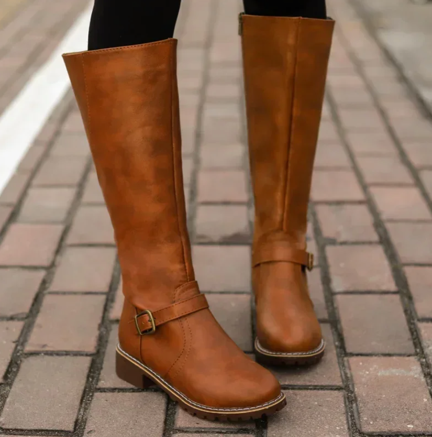 Women's Knee High Boots Buckle Strap Low Block Heel