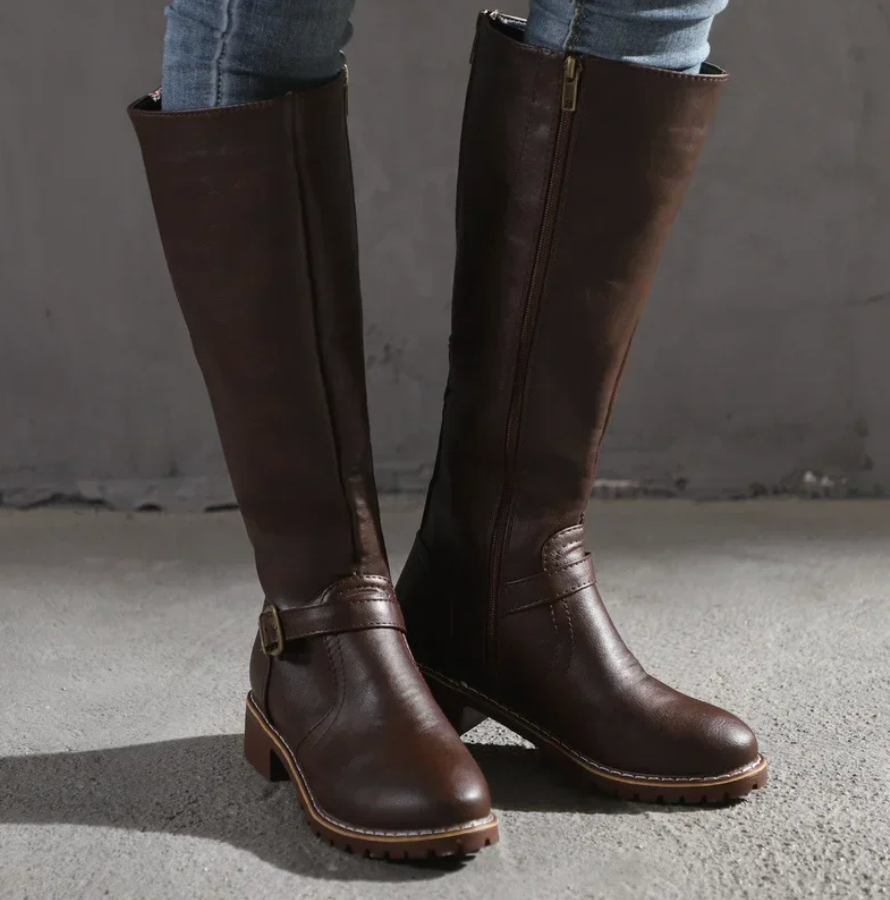 Women's Knee High Boots Buckle Strap Low Block Heel