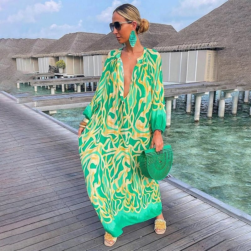 Women's V-Neck Long Sleeve Maxi Dress - VibreMode
