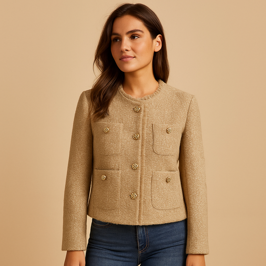 Women’s tweed blazer jacket with structured silhouette, button closure, and classic collar, ideal for business and casual chic styling.