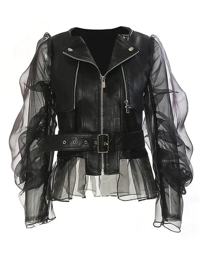 Women's Faux Leather Jacket Belted Waist Black - Vonnera