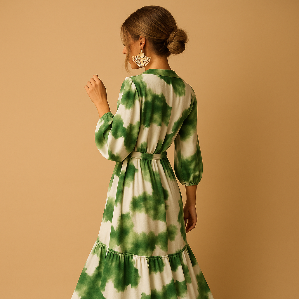 Women’s V-neck maxi dress with long sleeves and flowing silhouette, perfect for formal occasions, evening events, and elegant outings.