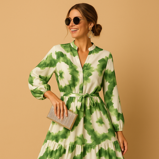 V-neck maxi dress with long sleeves for women featuring a flowing silhouette, perfect for formal events, evening dinners, and festive occasions.