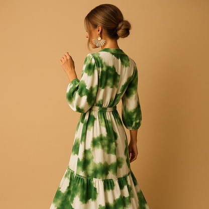 V-neck maxi dress with long sleeves for women featuring a flowing silhouette, perfect for formal events, evening dinners, and festive occasions.