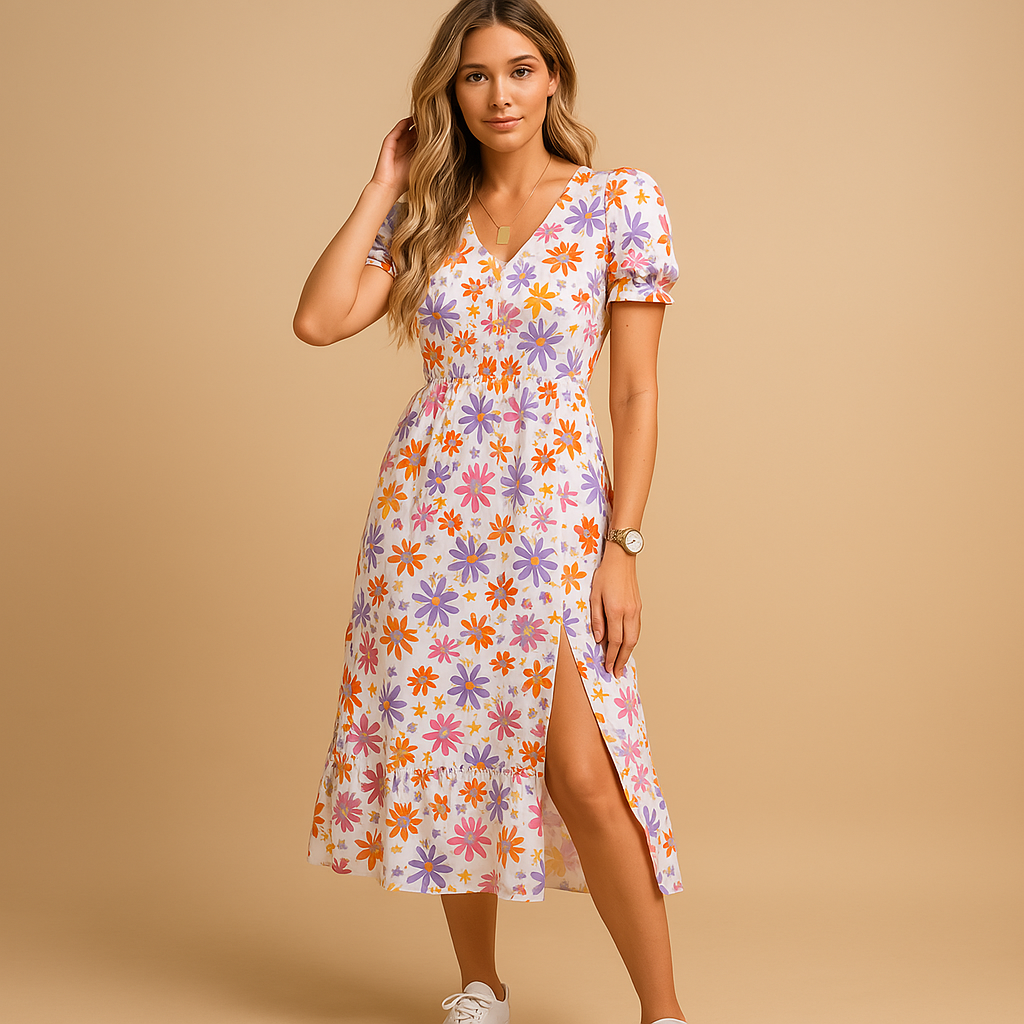 V-neck maxi dress with slit and bold print for women, perfect for summer vacations, beach days, and casual garden parties.