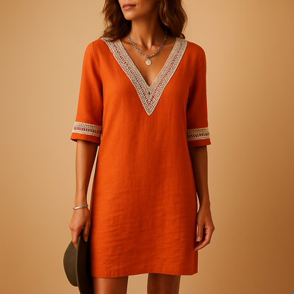 Women’s V-neck summer dress with lace details and relaxed fit, perfect for beach outings, casual summer days, and lightweight comfort.