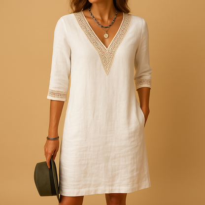V-neck summer dress with lace details for women featuring three-quarter sleeves and a relaxed fit, perfect for beach days and casual summer outings.