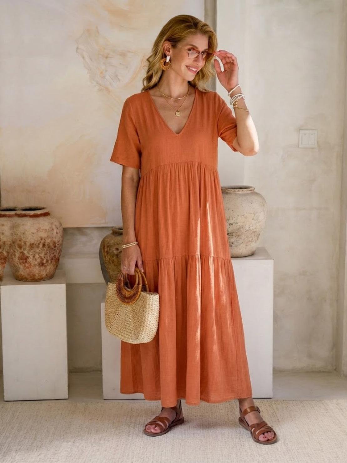 Sienna | Women's V-Neck Tiered Maxi Swing Dress with Short Sleeves