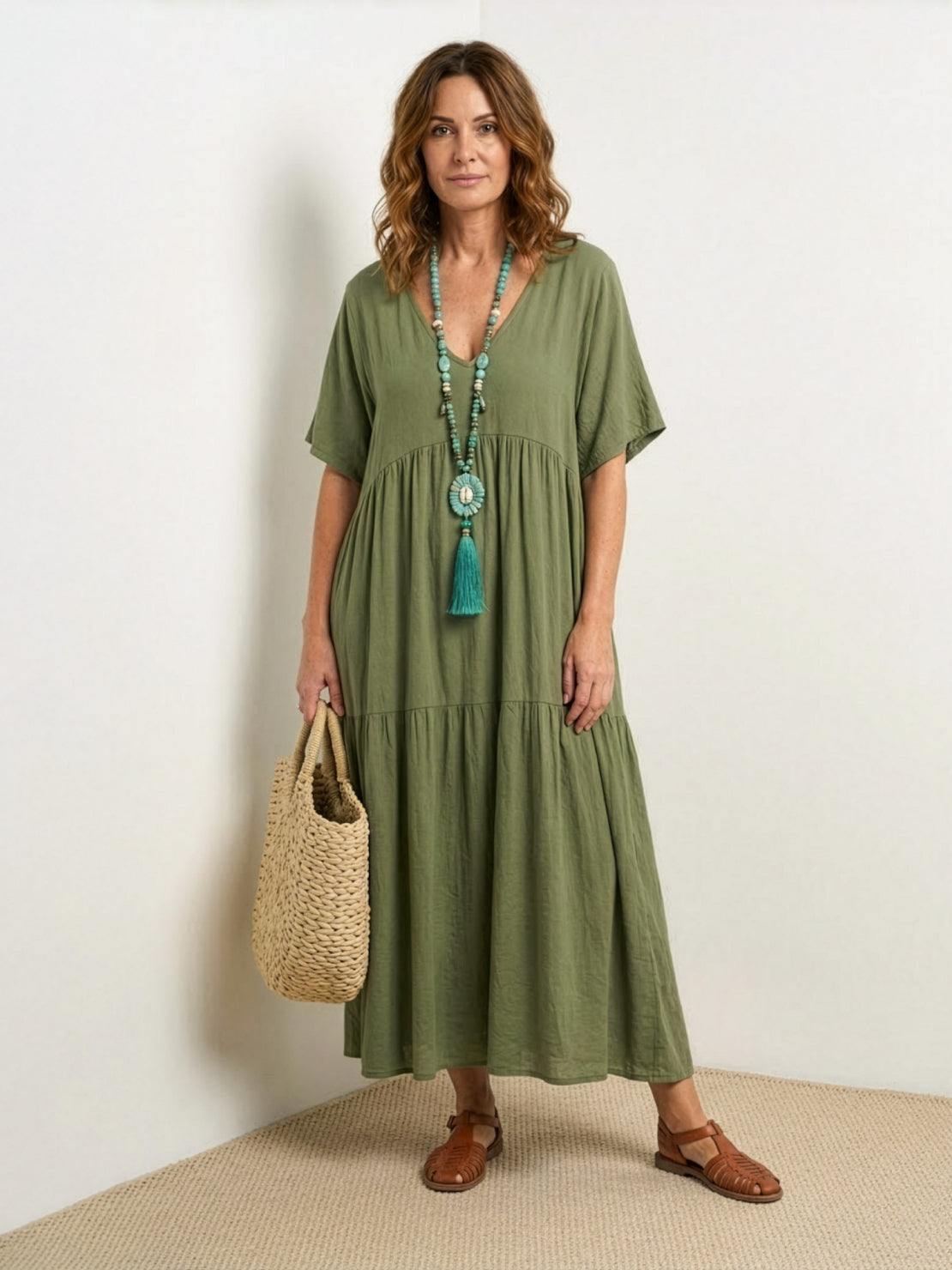 Women's V-Neck Maxi Dress Short Sleeves