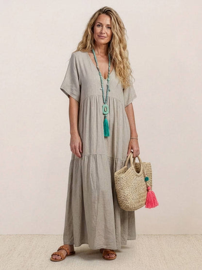 Women's V-Neck Maxi Dress Short Sleeves