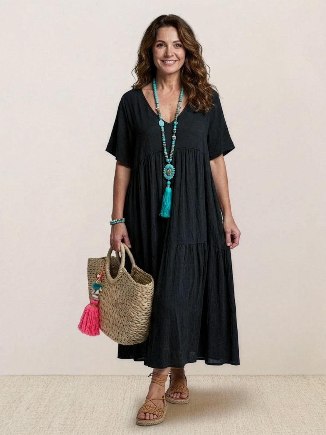Women's V-Neck Maxi Dress Short Sleeves