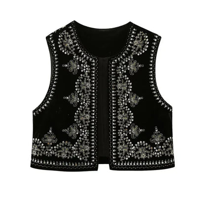 Women's Embroidered Sleeveless Vest Open Front Cotton Summer Beige