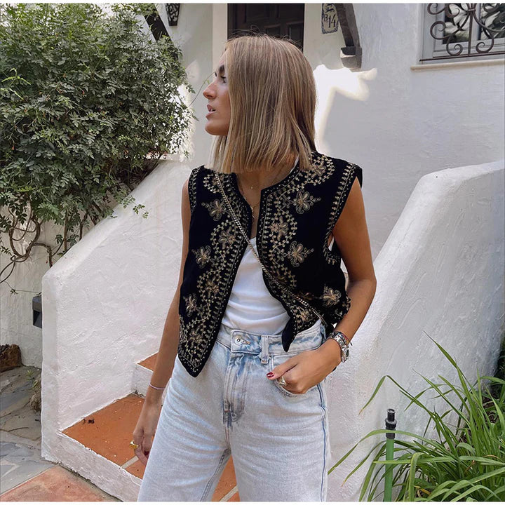 Women's Embroidered Sleeveless Vest Open Front Cotton Summer Beige