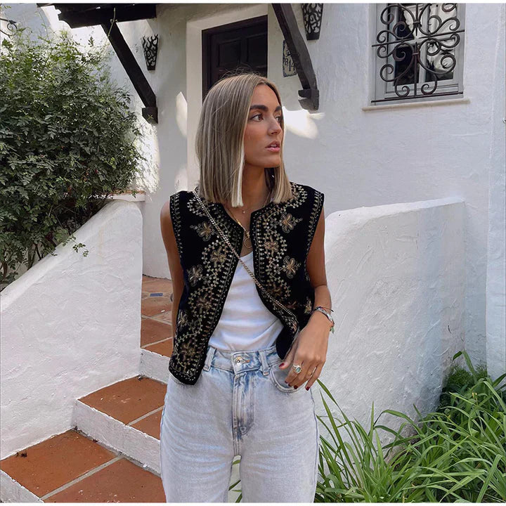 Women's Embroidered Sleeveless Vest Open Front Cotton Summer Beige - Vonnera