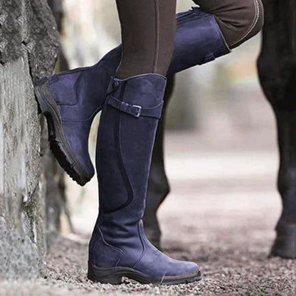 Women's Waterproof Knee-High Boots Non-Slip Sole Buckle Strap Black