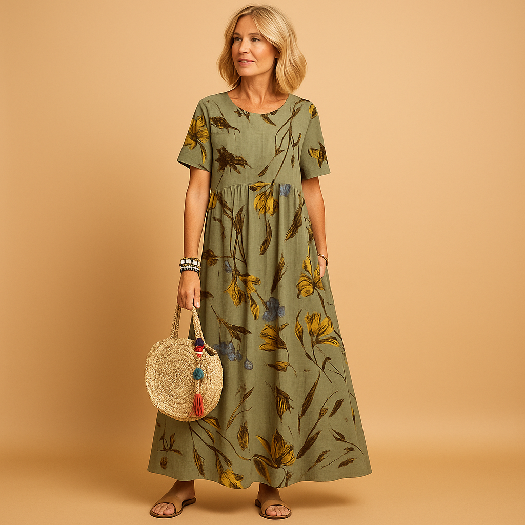 Women’s vintage floral dress with a loose fit, boat neck, and short sleeves, perfect for summer days, beach trips, and casual outings.