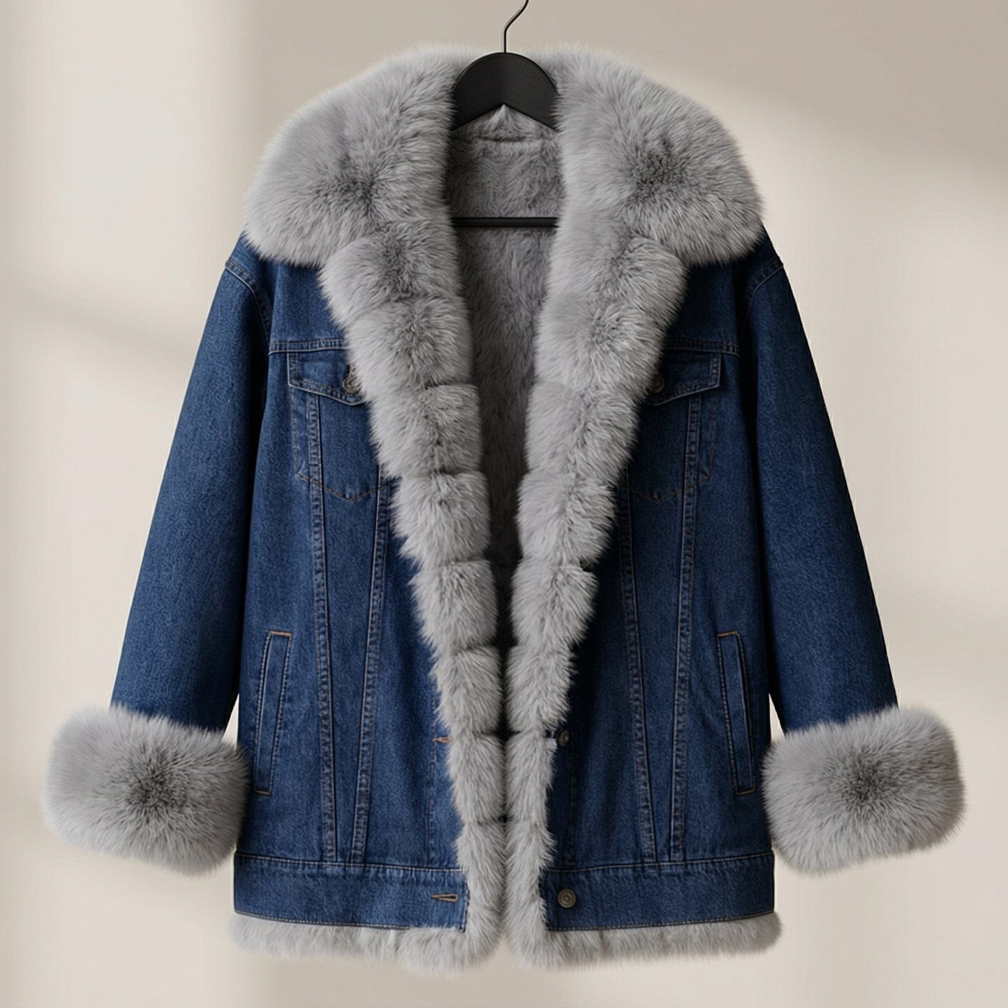 Women's Long Sleeve Denim Jacket Fur Collar Violet - VibreMode