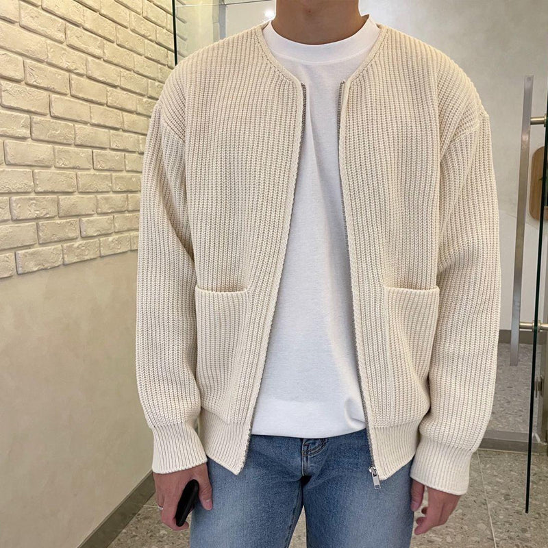 Men's Minimalist Zip Cardigan Ribbed Knit Round Neck Sweater - Vonnera
