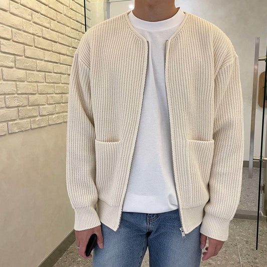 Men's Minimalist Zip Cardigan Ribbed Knit Round Neck Sweater - Vonnera