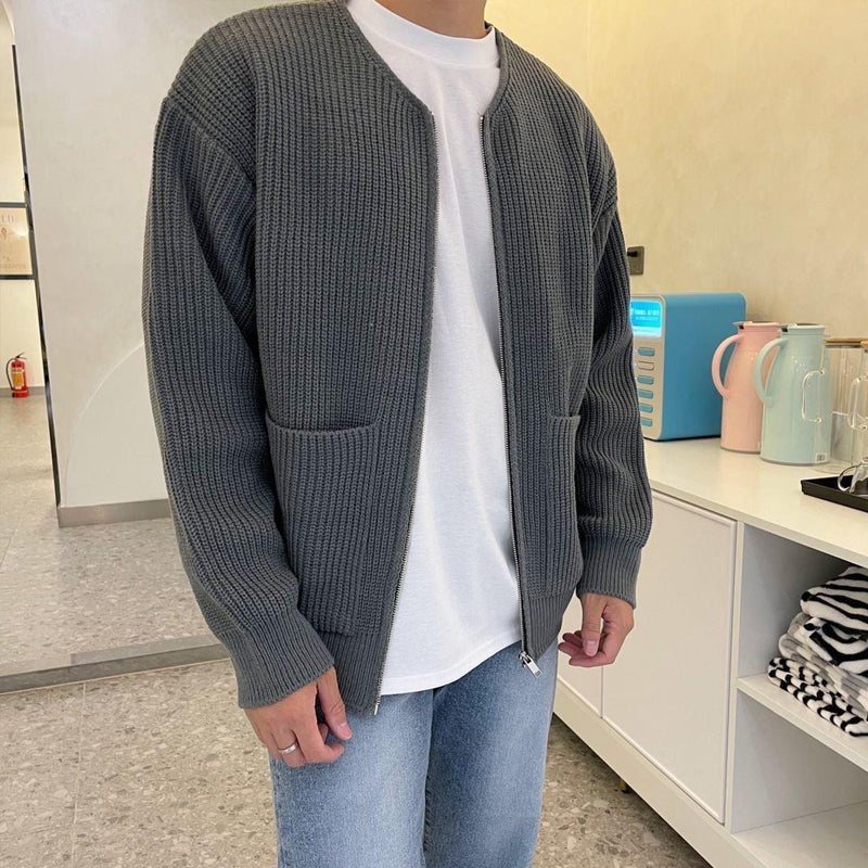 Men's Minimalist Zip Cardigan Ribbed Knit Round Neck Sweater