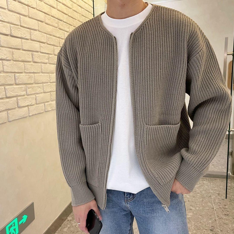 Men's Minimalist Zip Cardigan Ribbed Knit Round Neck Sweater
