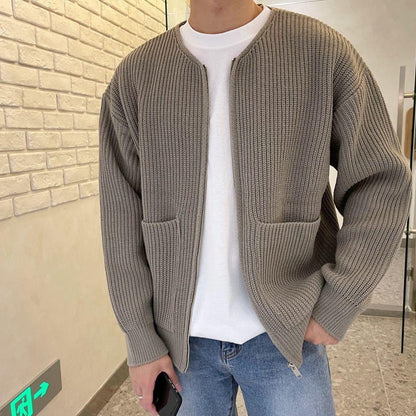 Men's Minimalist Zip Cardigan Ribbed Knit Round Neck Sweater