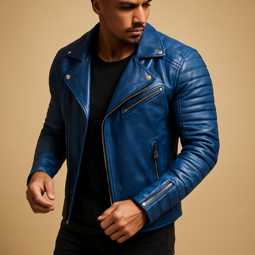 Men’s waterproof biker jacket with wind-resistant protection and soft inner lining, suitable for autumn, winter, and rainy weather.