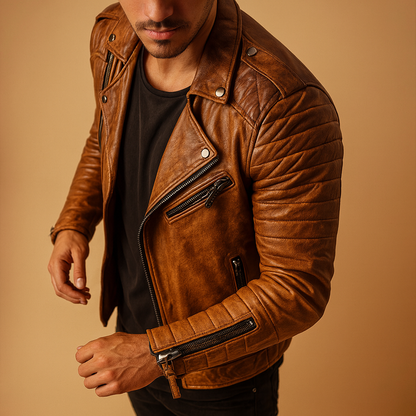 Men’s waterproof biker jacket with wind-resistant protection and soft inner lining, suitable for autumn, winter, and rainy weather.