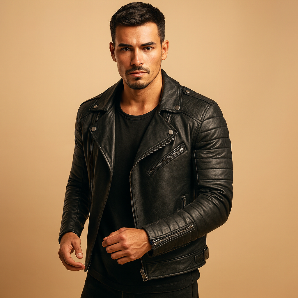 Men’s waterproof biker jacket with wind-resistant protection and soft inner lining, suitable for autumn, winter, and rainy weather.