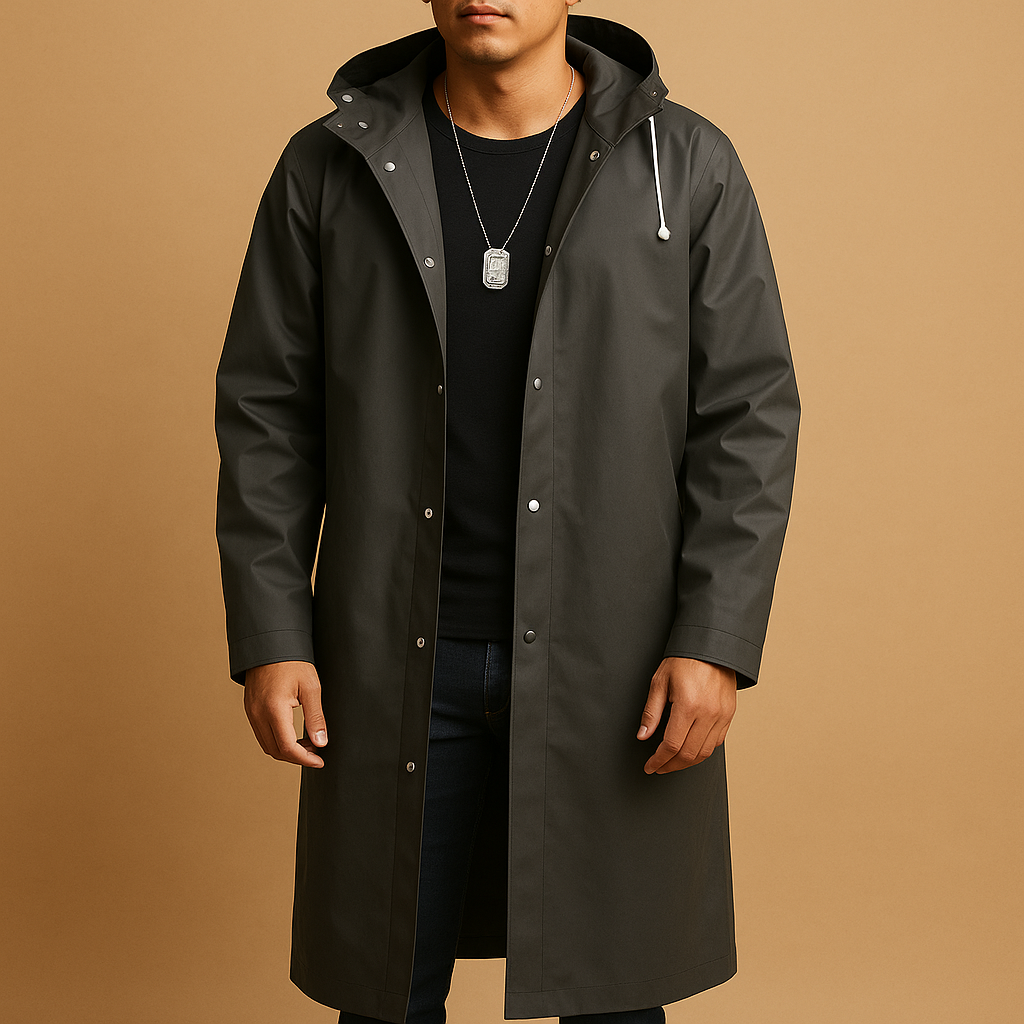 Men’s waterproof long raincoat with durable EVA material and comfortable fit, suitable for walking, camping, and outdoor use in rainy conditions.