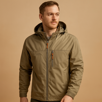 Men’s waterproof rain jacket with adjustable hood and breathable design, suitable for daily wear, city walks, and outdoor adventures.