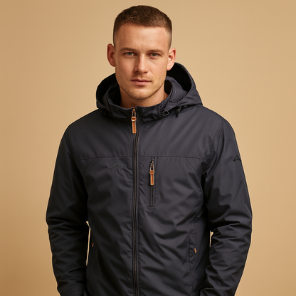 Men’s waterproof rain jacket with adjustable hood and breathable design, suitable for daily wear, city walks, and outdoor adventures.