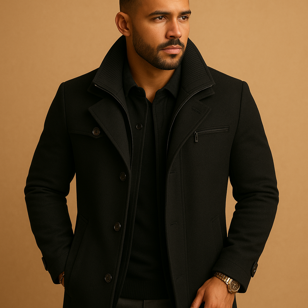 Men’s waterproof winter jacket with adjustable cuffs and practical pockets, suitable for commuting, winter walks, and outdoor activities.