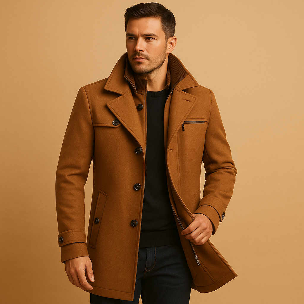 Men’s waterproof winter jacket with adjustable cuffs and practical pockets, suitable for commuting, winter walks, and outdoor activities.