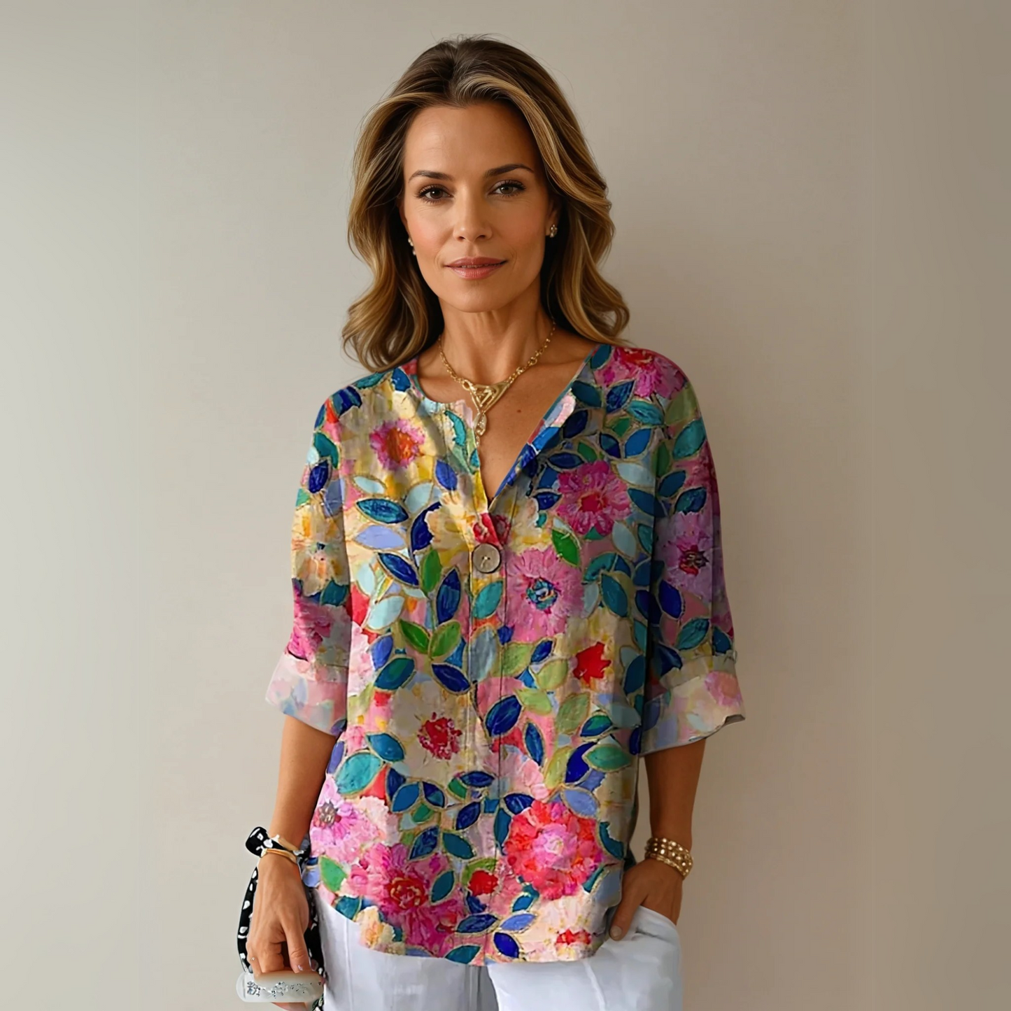 Women's Floral Print Blouse Button Front Closure - Vonnera