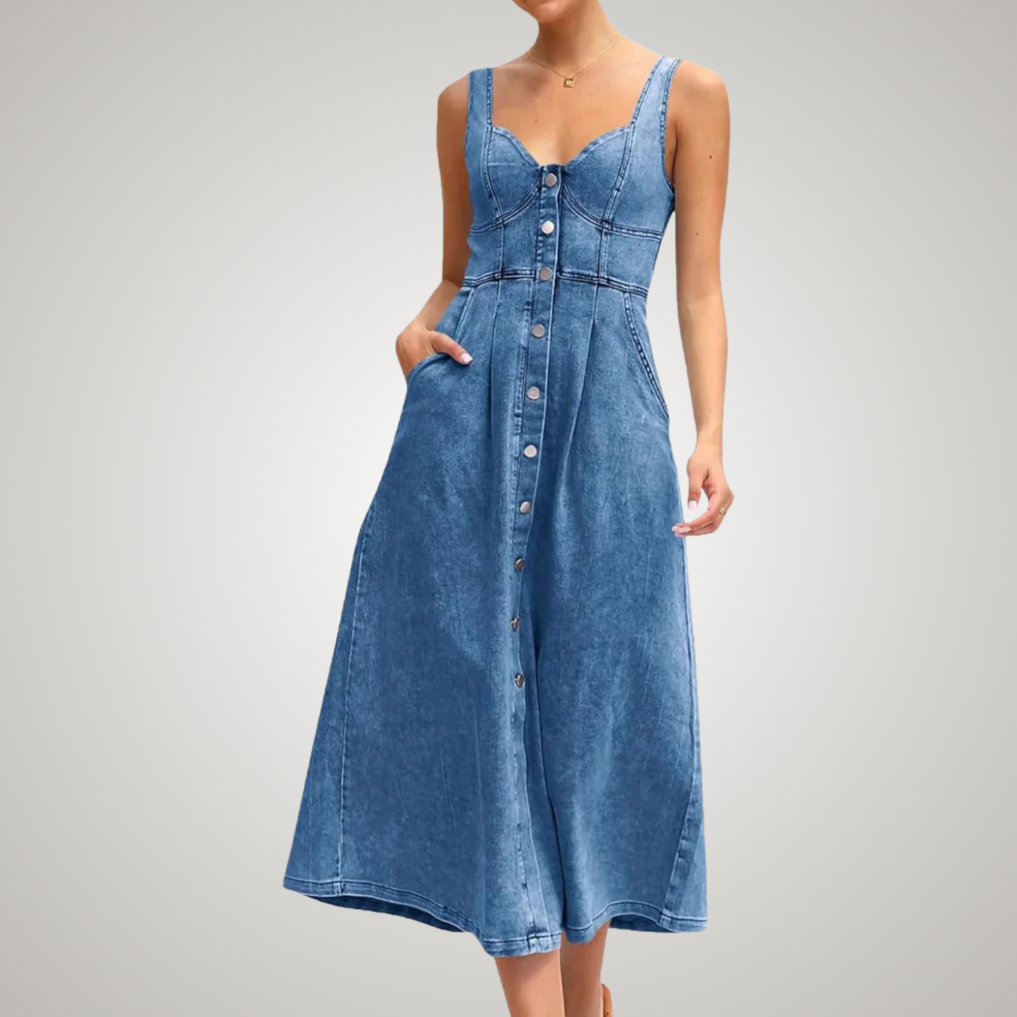Women's Sleeveless Denim Dress Button Front Blue