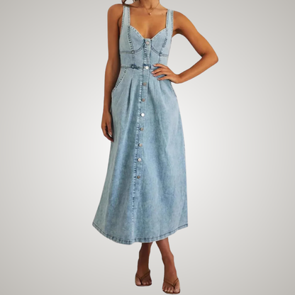 Women's Sleeveless Denim Dress Button Front Blue