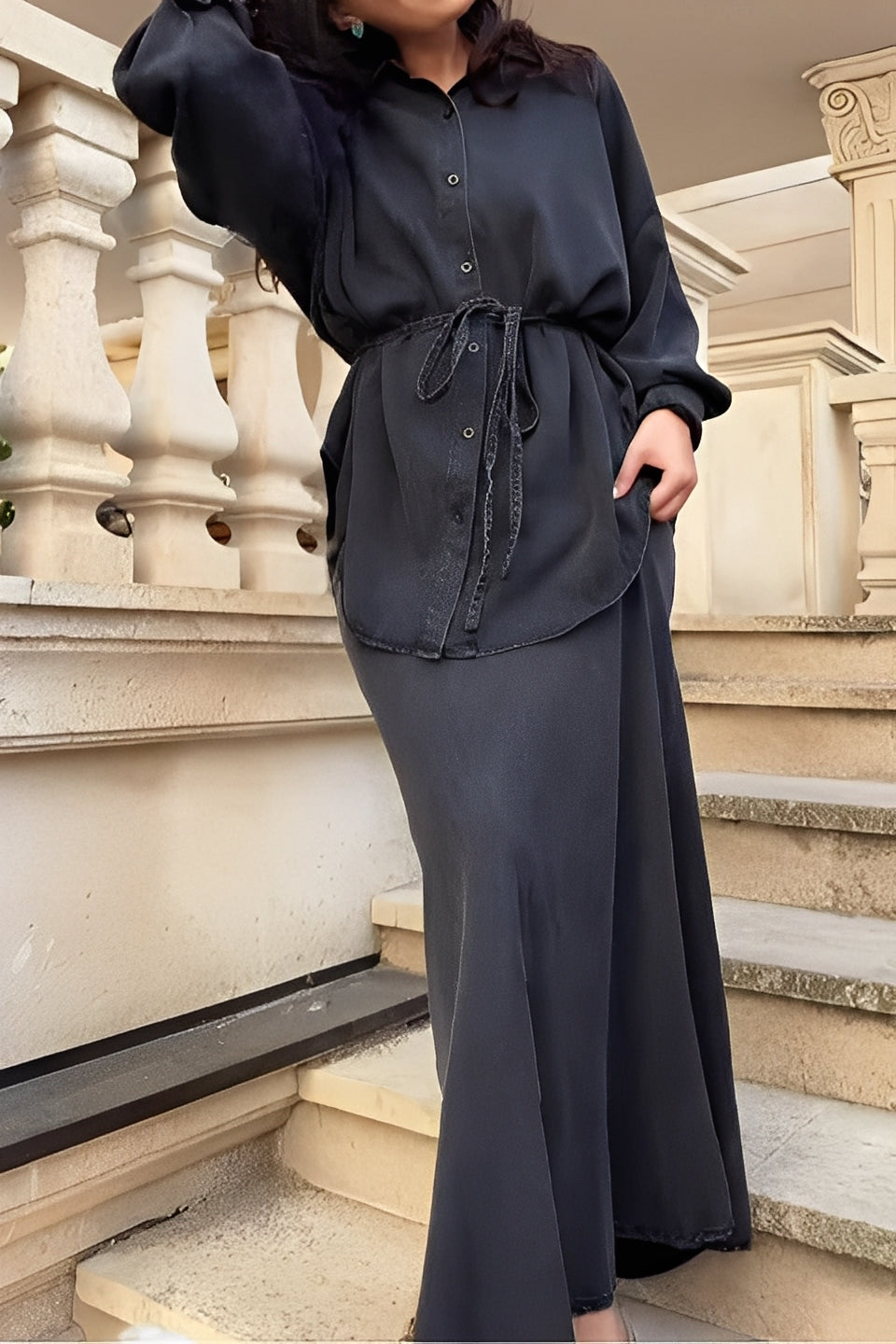 Women's Two Piece Maxi Skirt Set Collared Neckline