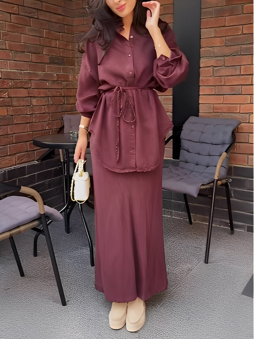 Women's Two Piece Maxi Skirt Set Collared Neckline