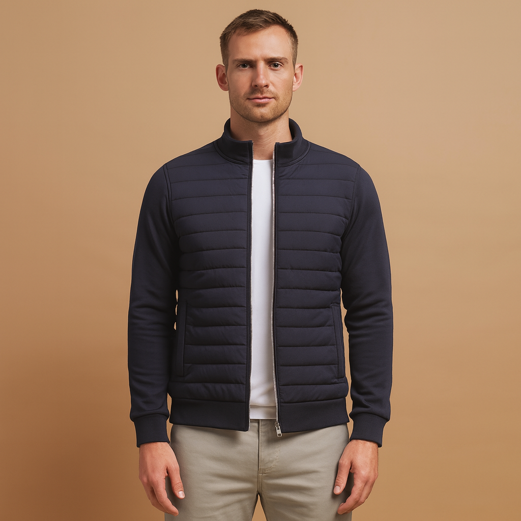 Men’s winter jacket with high collar and elastic cuffs, designed for warmth, wind resistance, and everyday wear on cool days.