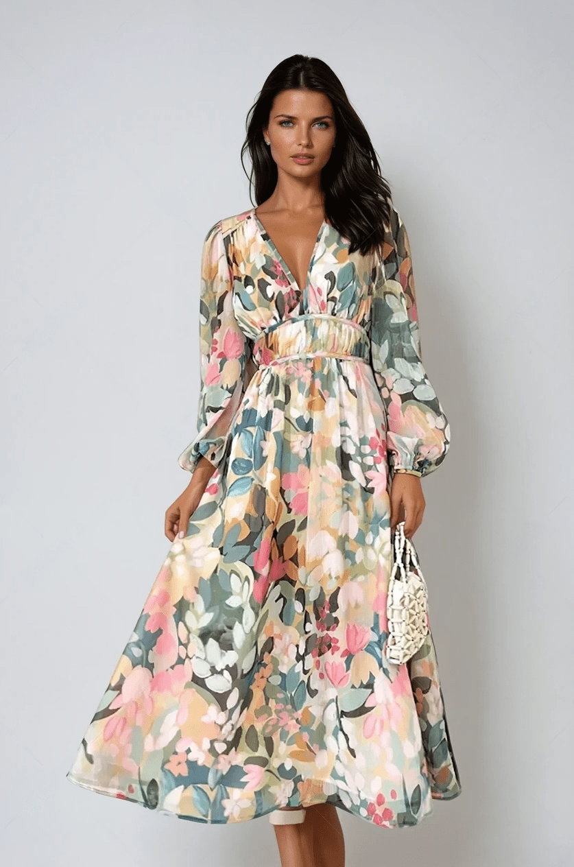 Women's Floral V-Neck Long Sleeve Midi Dress - Vonnera